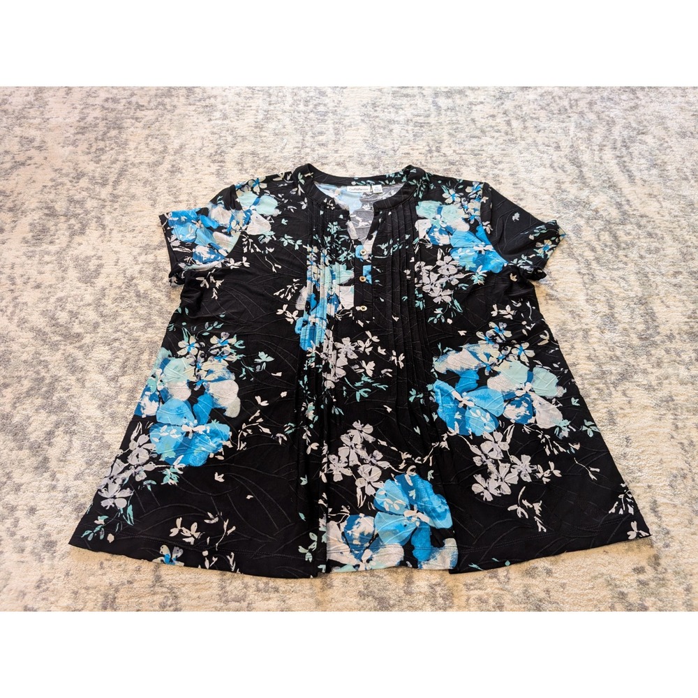Croft & Barrow Black Blue Floral Pintuck Top Flowy Blouse Women's Petite Large